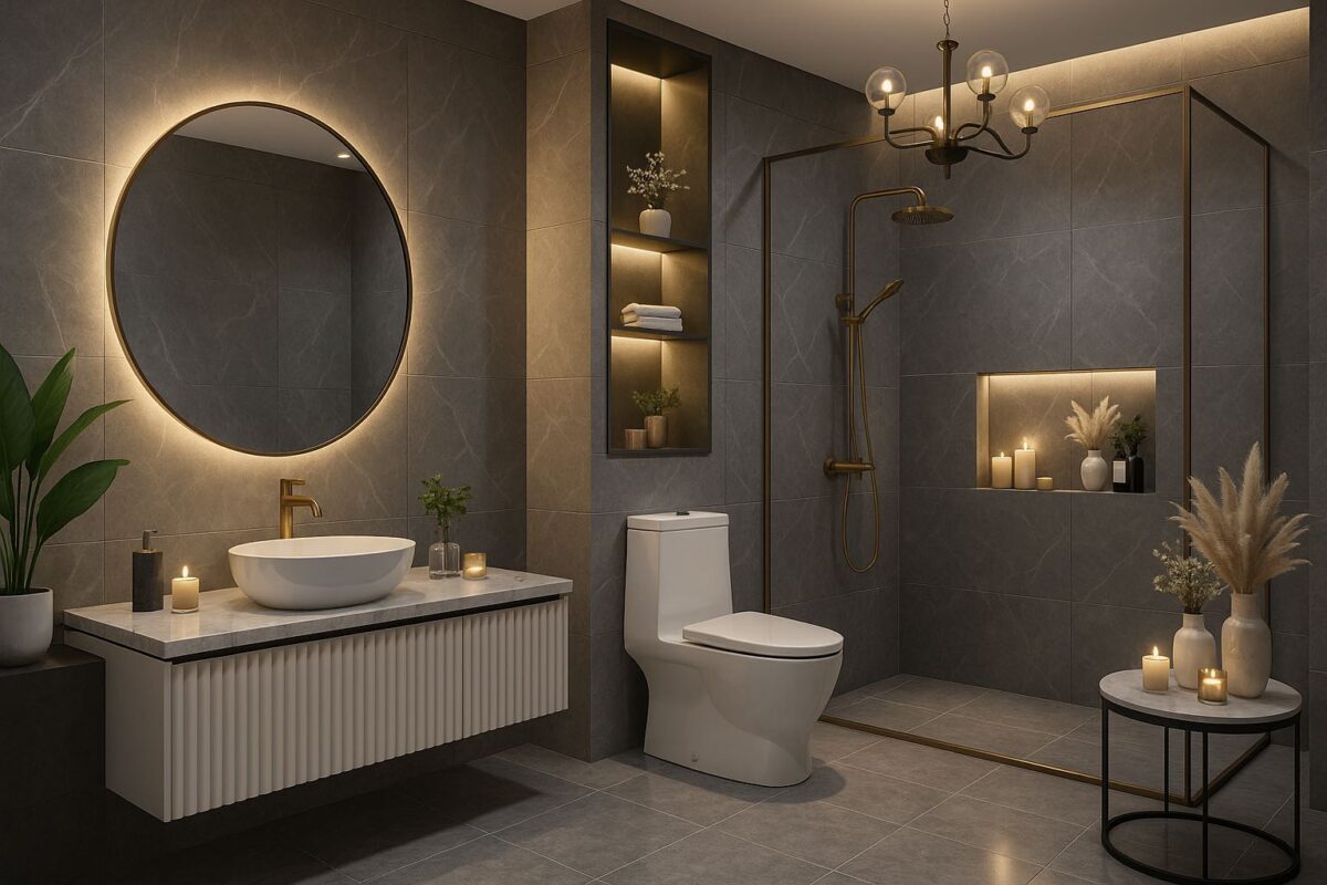 "ห้องน้ำหรูโทนเทา-ดำ-ทอง ออกแบบโดย Bathline"
