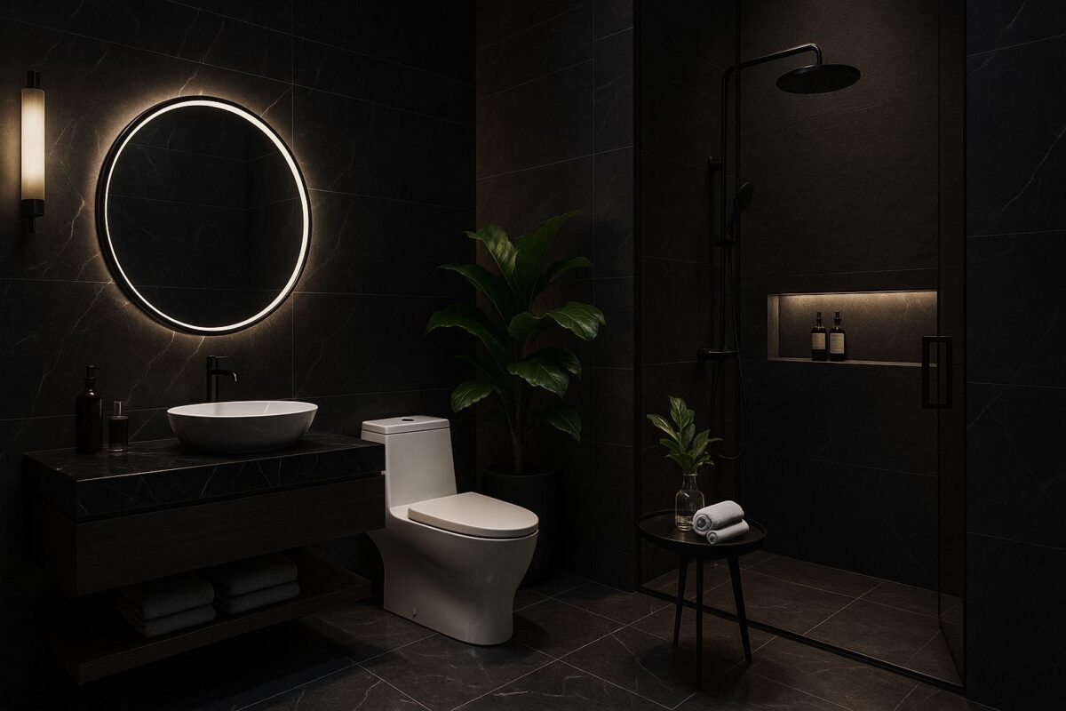 "ห้องน้ำหรูโทนเทา-ดำ-ทอง ออกแบบโดย Bathline"