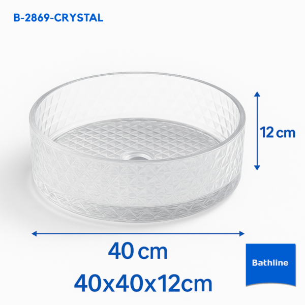 อ่างล้างหน้าแก้วคริสตัลทรงสูง รุ่น B-2869 จาก Bathline ขนาด 40x40x12 ซม. ลาย Diamond Texture